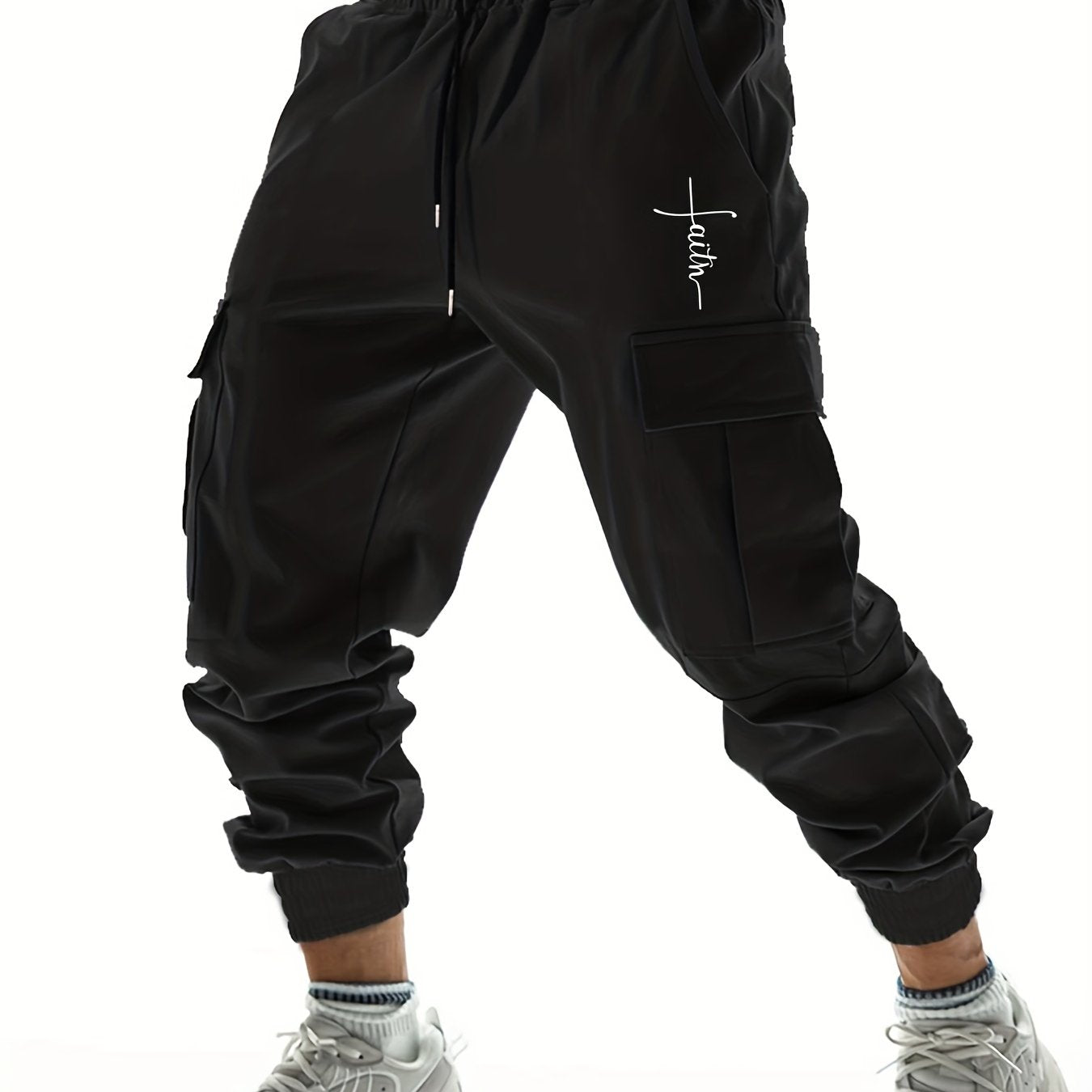 Faith Letter Print Cargo Joggers Men's Pants
