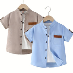 2pcs Boys Solid Short Sleeve Lapel Shirt Summer Casual Top