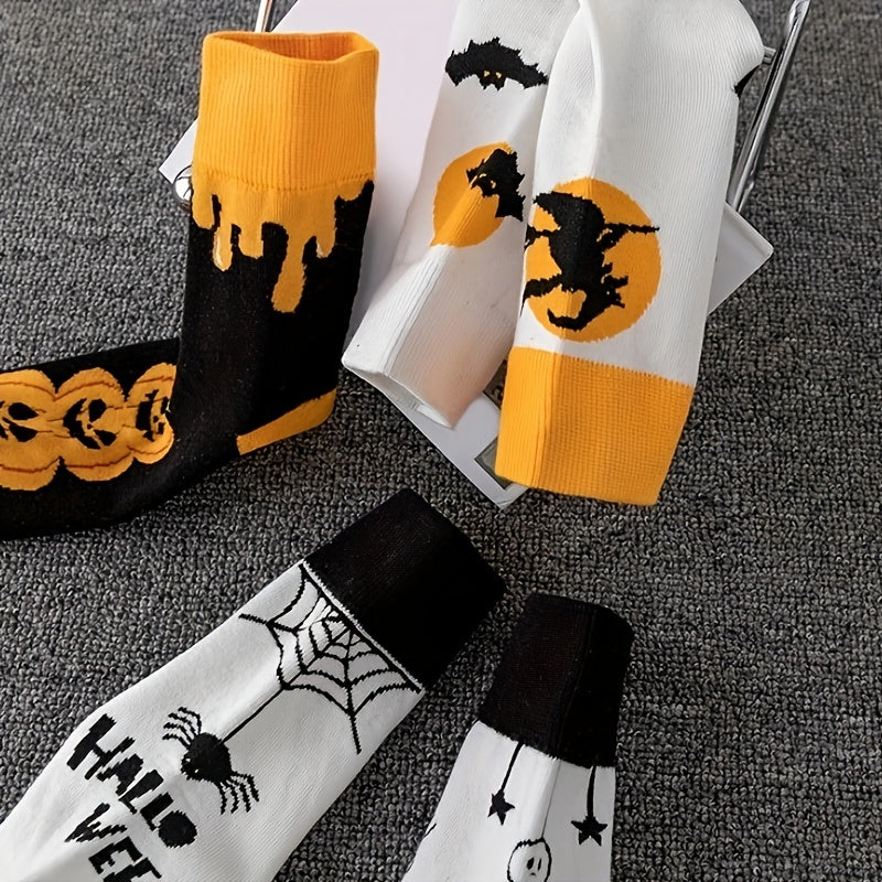 5 Pairs Halloween Crew Socks Skull & Pumpkin Print Stockings Women's Hosiery