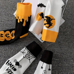 5 Pairs Halloween Crew Socks Skull & Pumpkin Print Stockings Women's Hosiery
