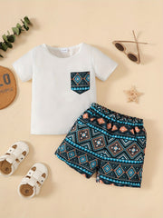 2pcs Boys Casual Set Toddlers Short Sleeve T shirt & Ethnic Geometrical Graphic
