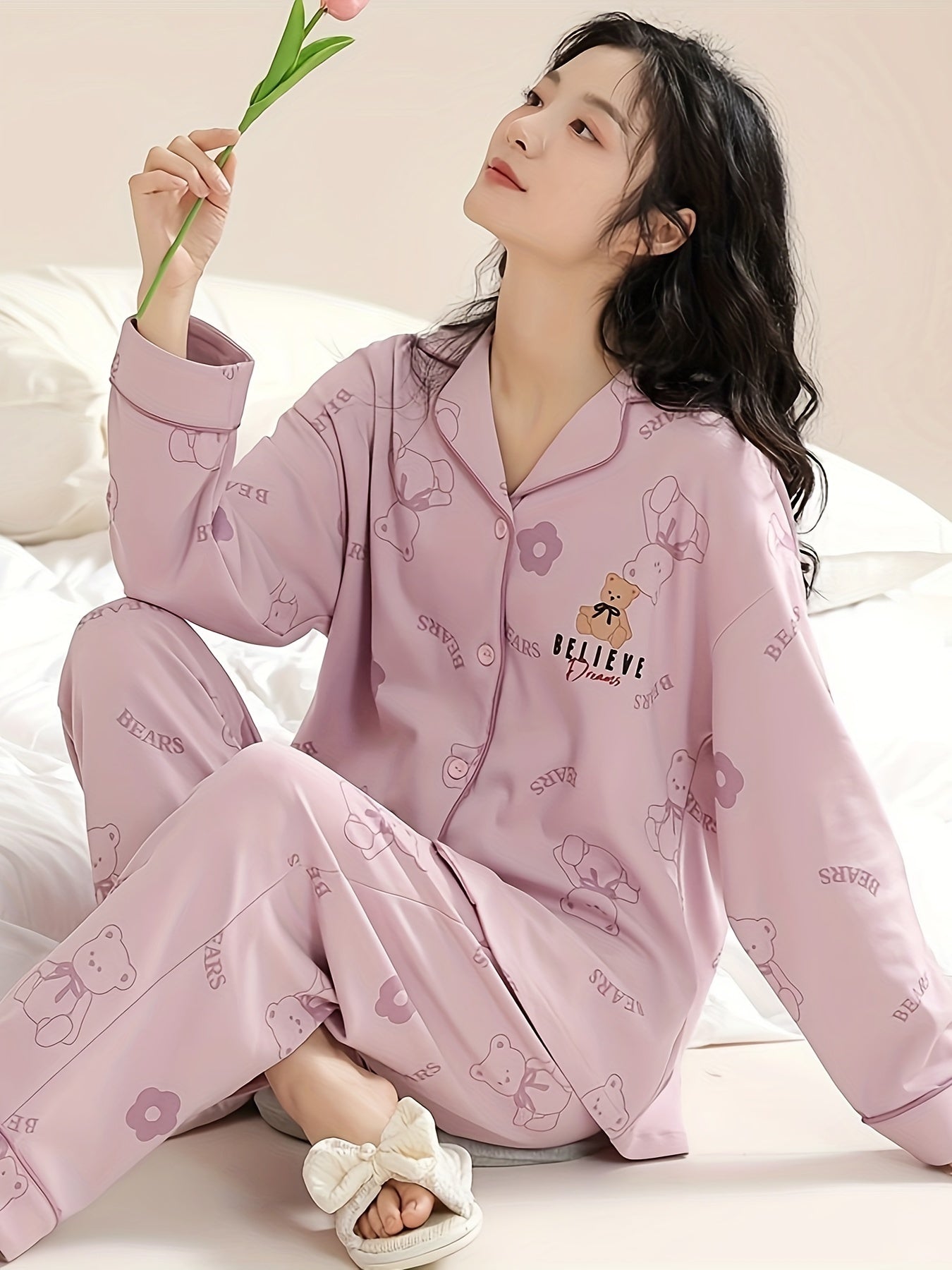 Bear Print Pajama Set Long Sleeve Top & Pants Women's Sleepwear