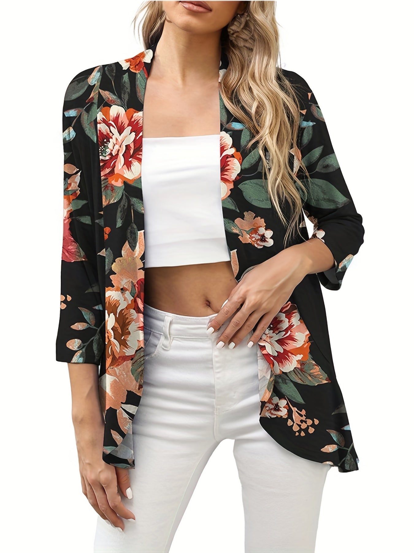  Floral Print Half Sleeve Open Front Cardigan