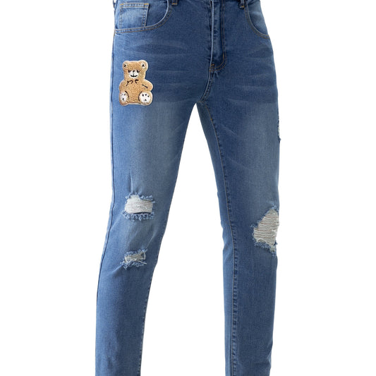 Cartoon Bear Flock Print Ripped Jeans Street Style Denim