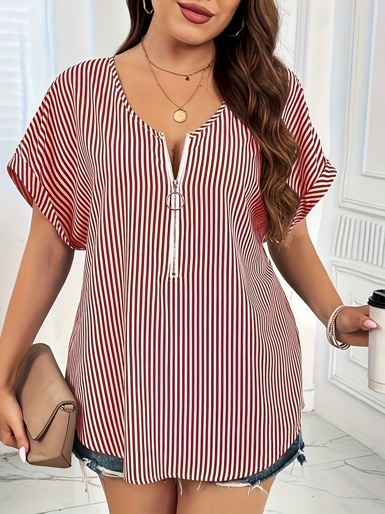  Nautical Stripe Zipper V Neck Blouse