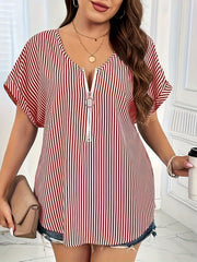  Nautical Stripe Zipper V Neck Blouse