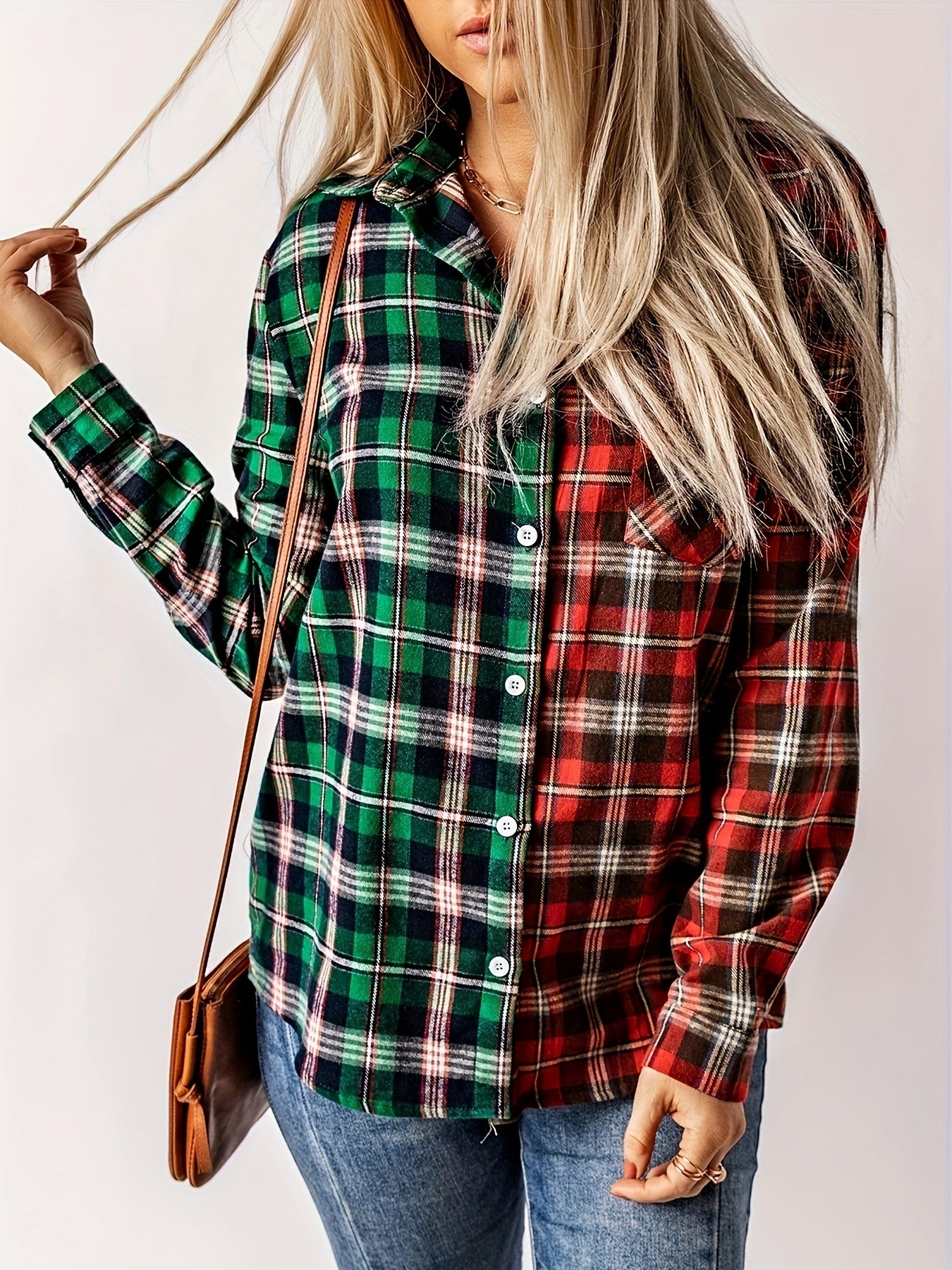  Colorblock Plaid Print Button-Up Shirt