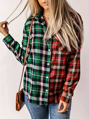  Colorblock Plaid Print Button-Up Shirt