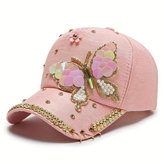 Sequin Butterfly Y2K Baseball Cap Rhinestone Faux Pearl Ring Decor