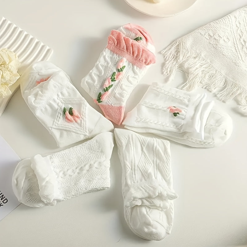 5 Pairs Floral 3D Textured Socks Women's Ruffle Mid Tube Stockings