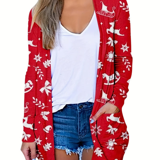  Christmas Cardigan Women's Plus Snowflake & Bell Print Long Sleeve