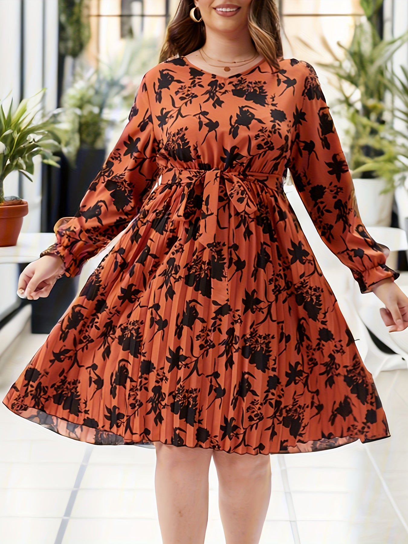 Floral Print Flounce Sleeve V Neck Pleated Dress