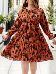 Floral Print Flounce Sleeve V Neck Pleated Dress