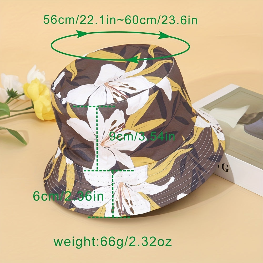 Lily Print Reversible Bucket Hat UV Protection Sunscreen Travel Beach Hats