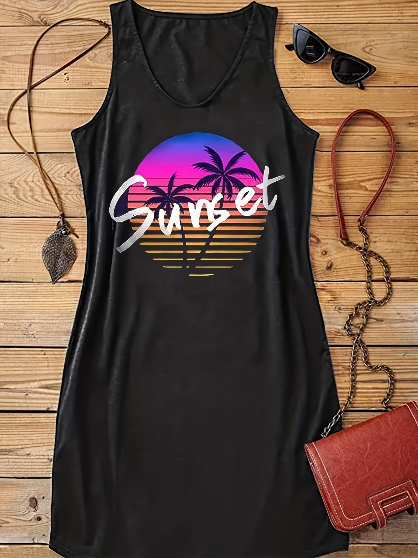 Sunset Print Tank Dress Sleeveless Casual Dress