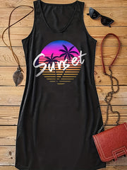 Sunset Print Tank Dress Sleeveless Casual Dress