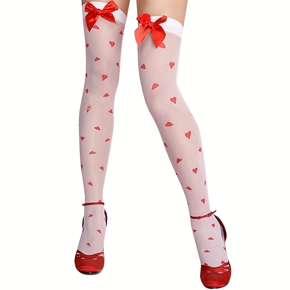 Heart Print Thigh High Stockings Bow Decor Over The Knee Socks Women's Stockings