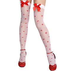 Heart Print Thigh High Stockings Bow Decor Over The Knee Socks Women's Stockings