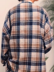  Plaid Print Long Sleeve Loose Fit Shirt Top