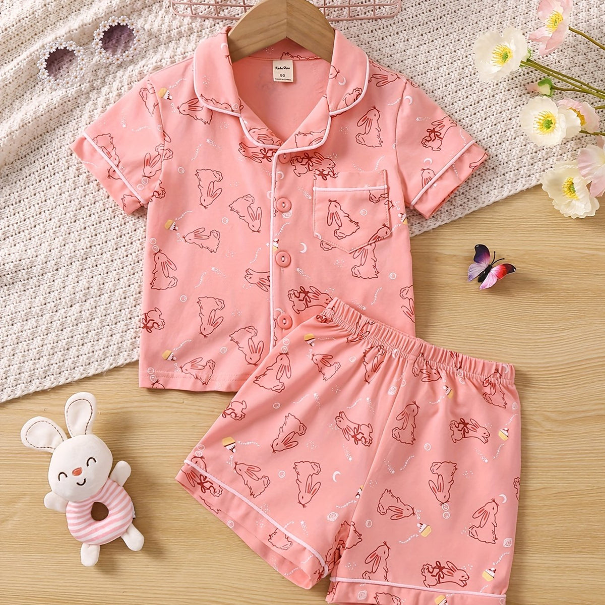 Toddler Girls Easter Rabbit Pajama Set V Neck Button Top & Shorts Sleepwear