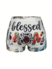 Blessed MOM Print Skinny Shorts Casual Shorts Spring Summer