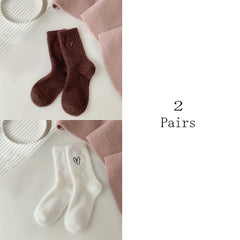 5 Pairs Heart Embroidery Socks Warm & Comfy Fuzzy Stockings