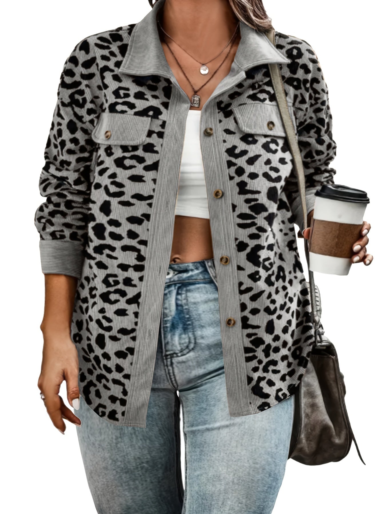  Leopard Print Corduroy Button Up Long Sleeve Shacket