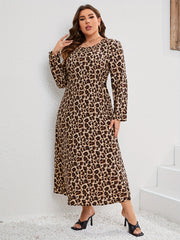 Women's Plus Leopard Print Long Sleeve Round Neck Maxi Dress