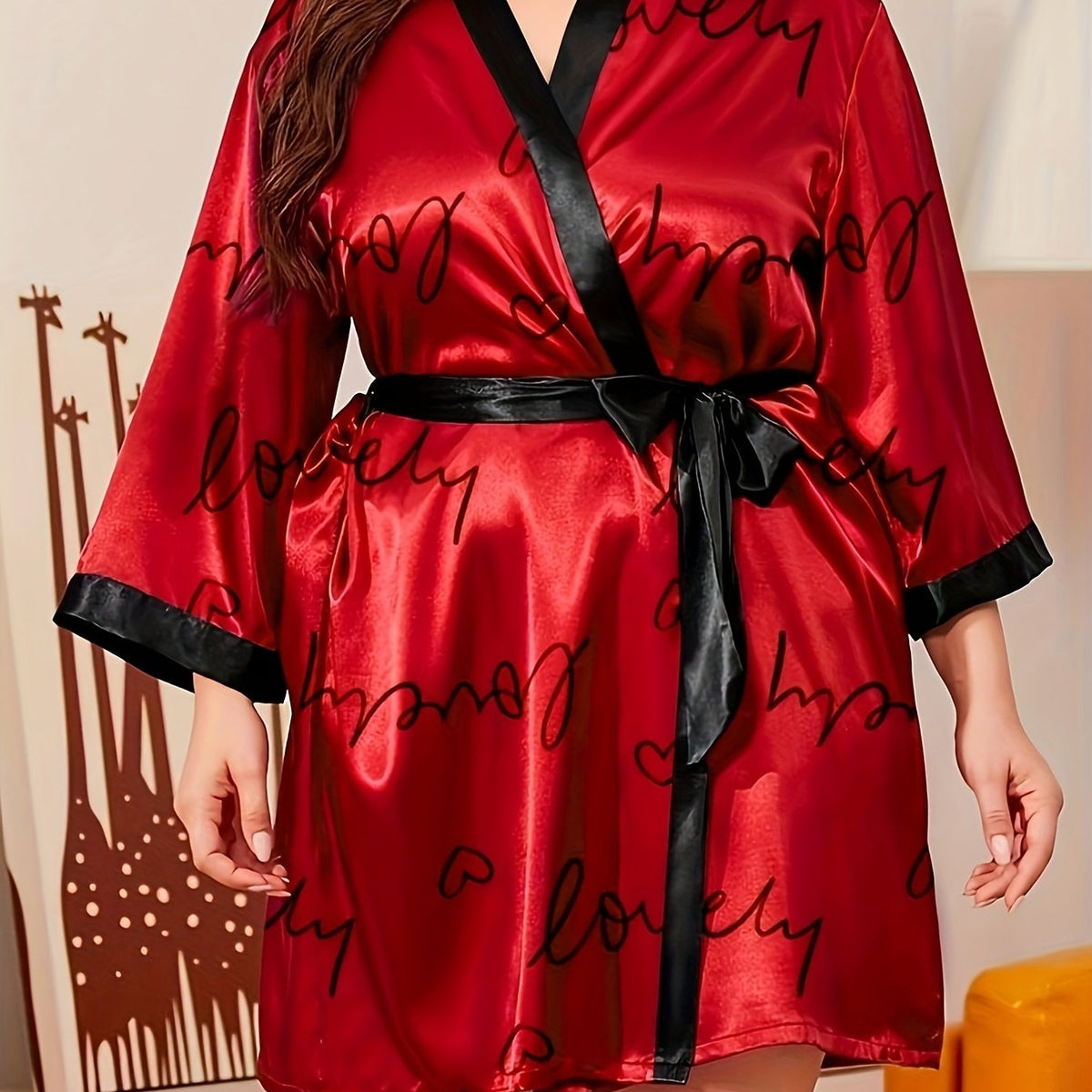  Nightgown Women's Plus Heart & Letter Print Satin Long Sleeve Bathrobe