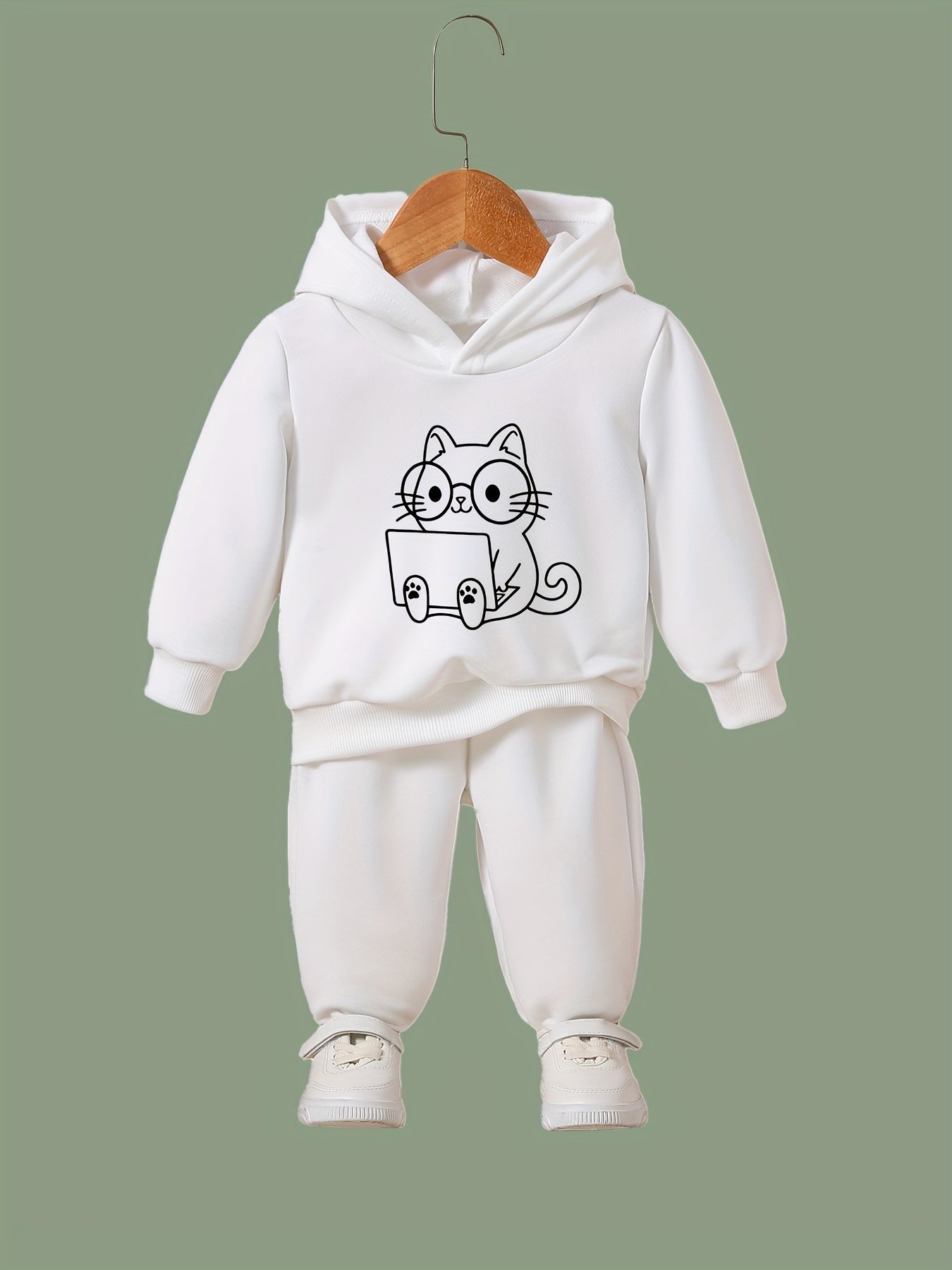 Kid's 2pcs Cat & Computer Print Outfit Hoodie & Pants Set