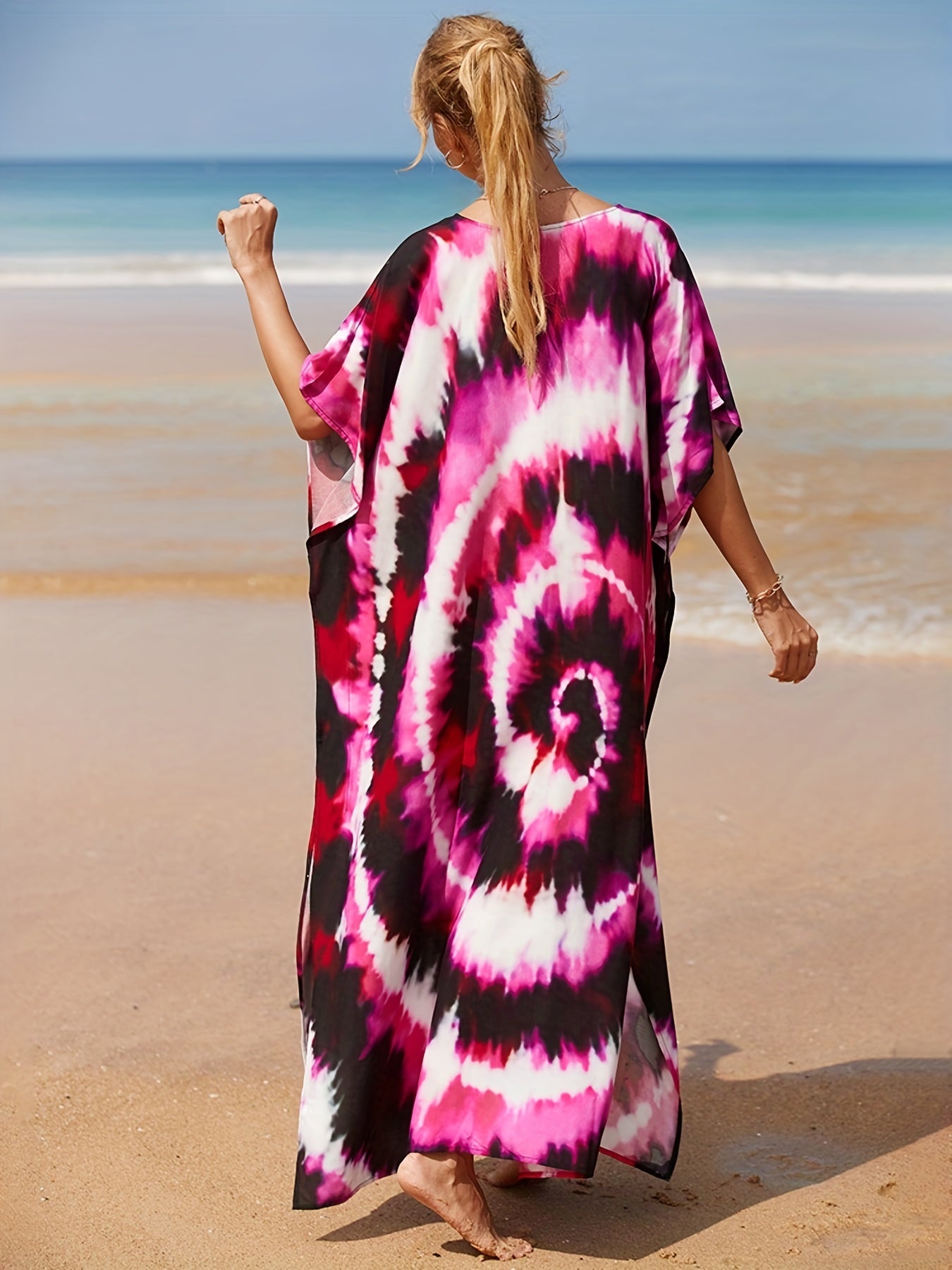  Boho Cover Up Dress Women's Tie Dye Bat Sleeve V Neck Stretch