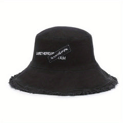 Vintage Embroidery Bucket Hat Frayed Brim Beach Sunscreen Outdoor Basin Hat