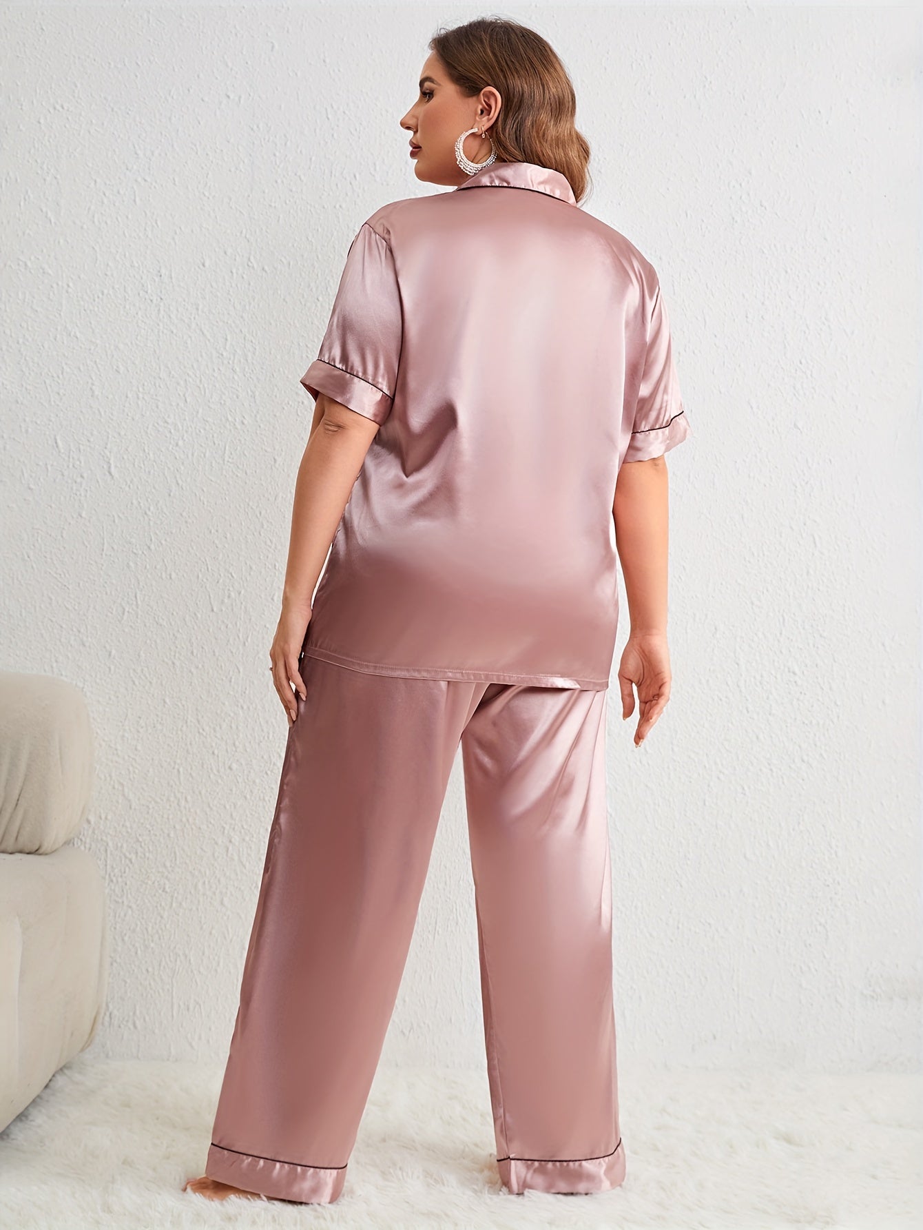  Button Up Satin Pajama Set Short Sleeve Shirt & Pants Two Piece