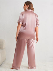  Button Up Satin Pajama Set Short Sleeve Shirt & Pants Two Piece