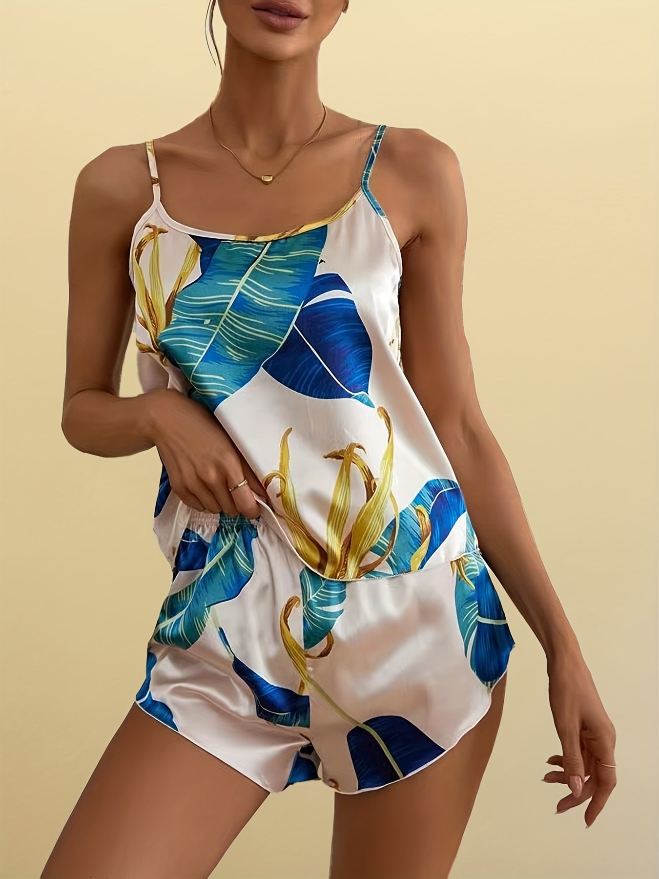 Leaf Print Pajama Set Cami Top & Shorts Women's Sleepwear