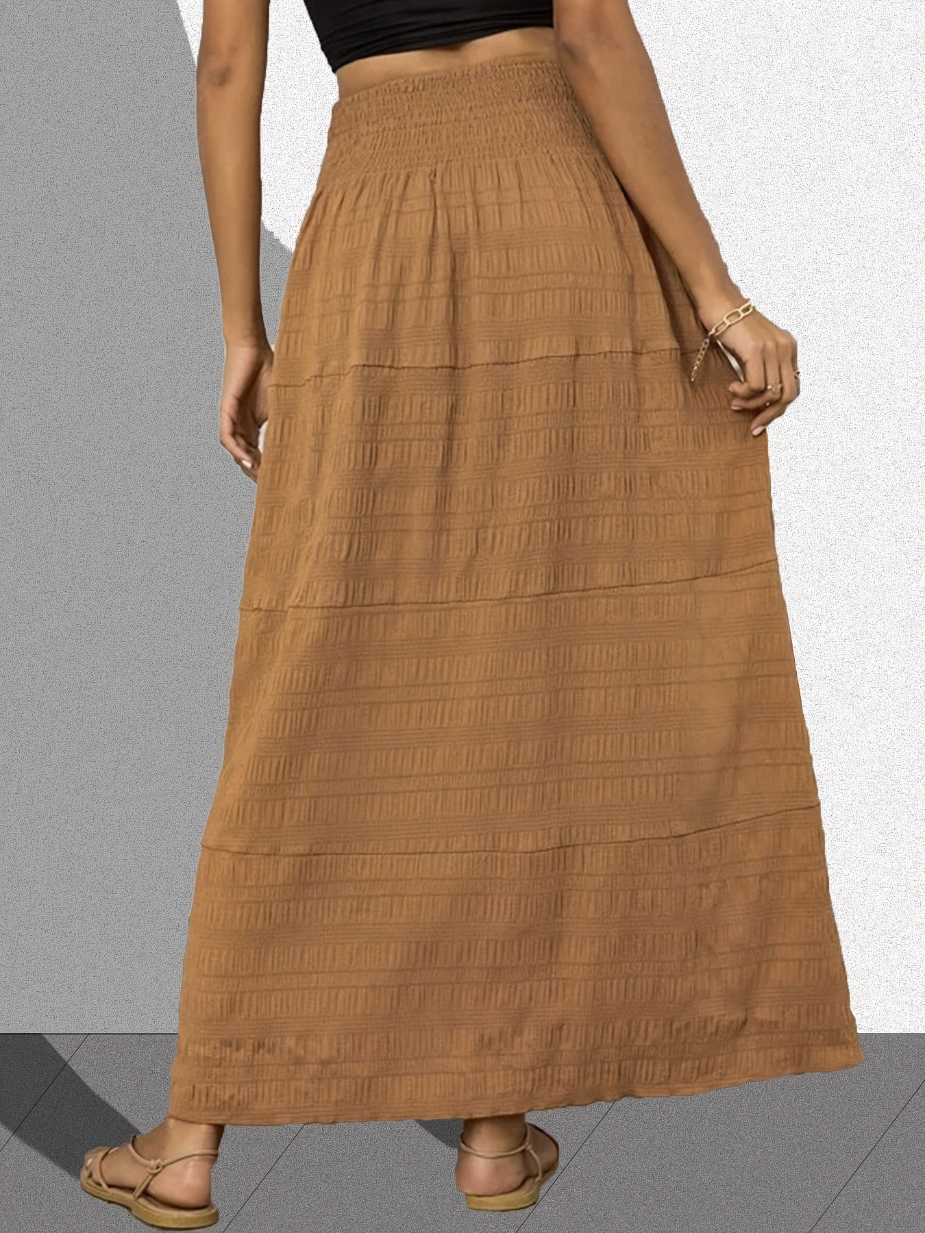  Solid Crinkle Shirred Waist Maxi Skirt