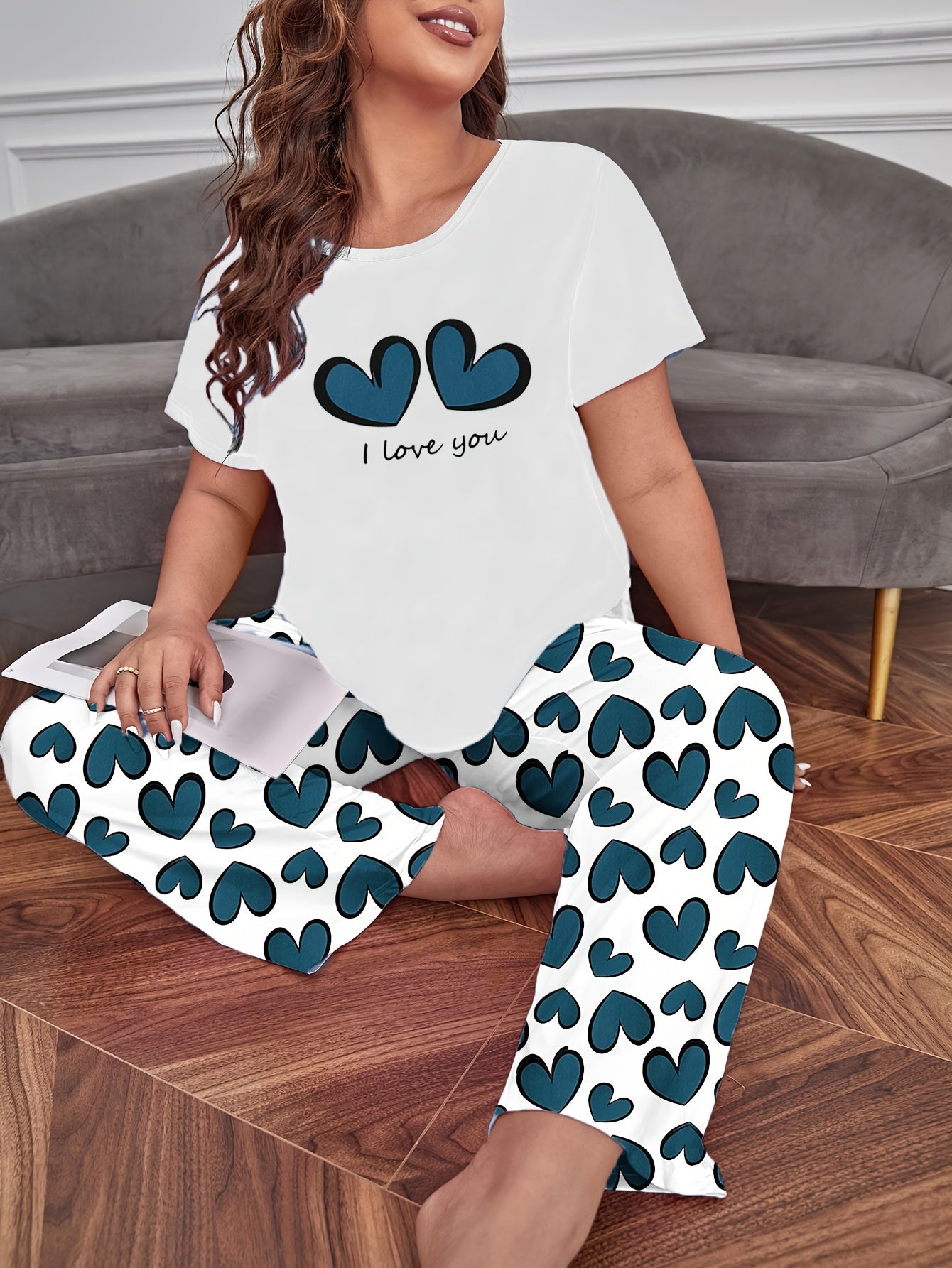  Casual Pajamas Set Women's Plus Slogan & Heart Pattern