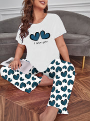  Casual Pajamas Set Women's Plus Slogan & Heart Pattern