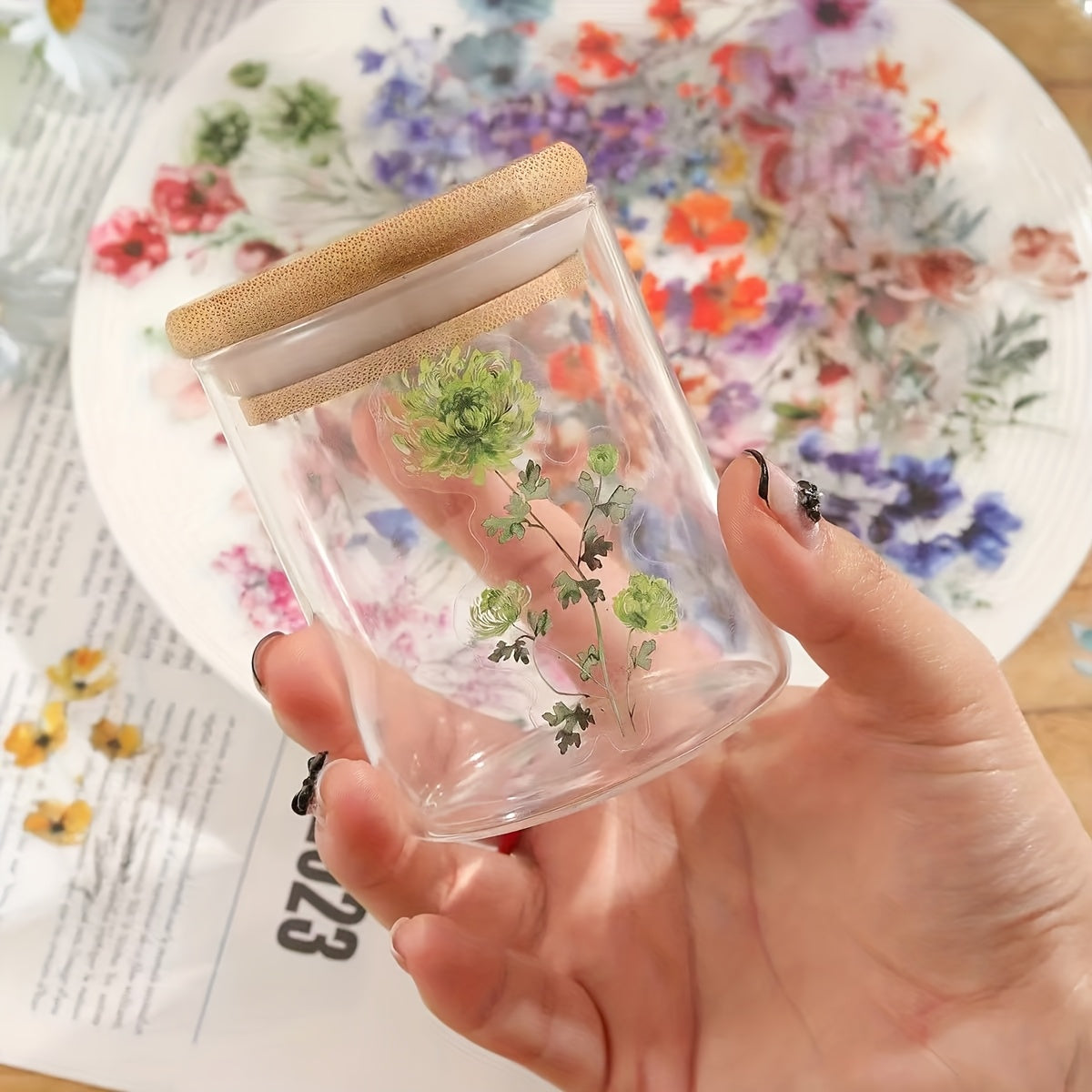 50pcs Floral Stickers Waterproof Transparent PET for DIY Journals Fridge