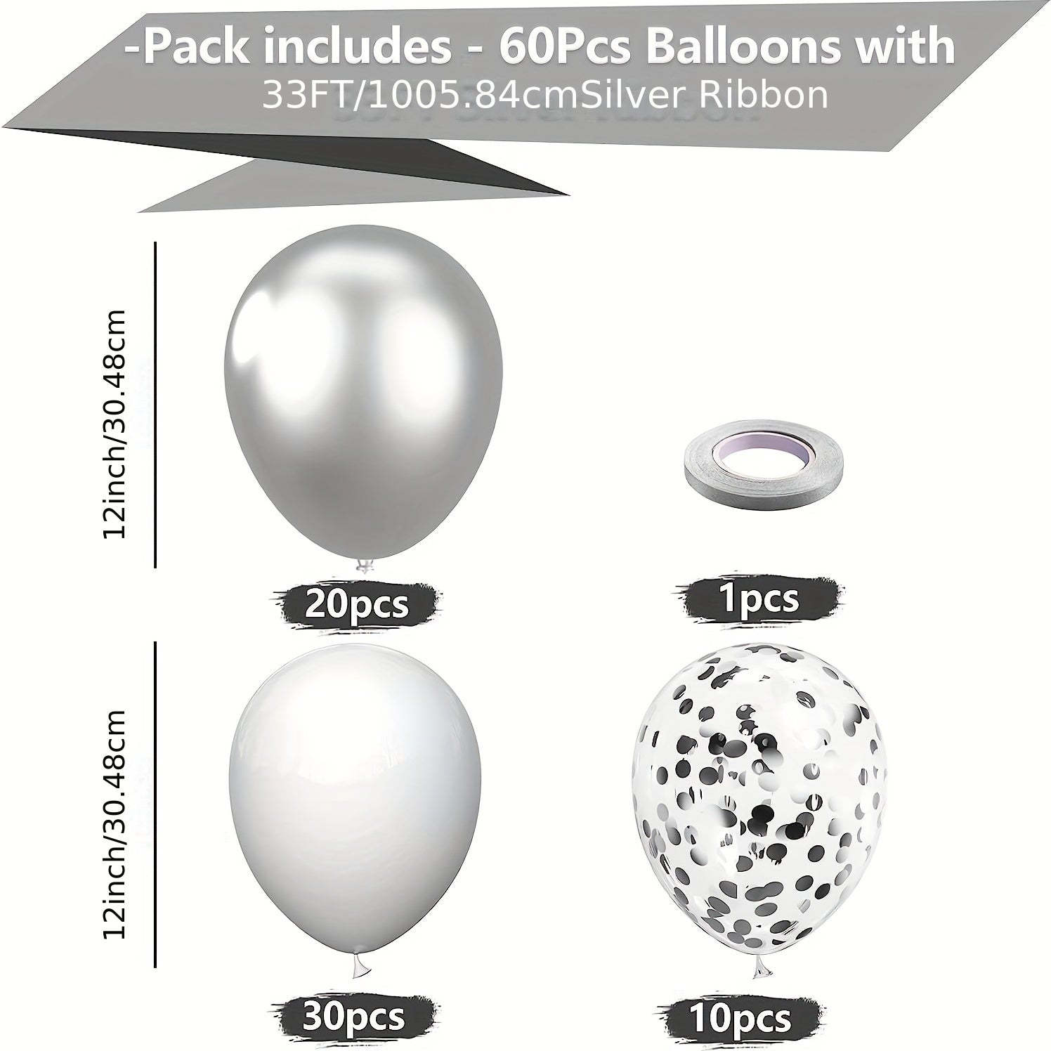 60 Matte Silver & Confetti Balloons 12" Birthday Wedding