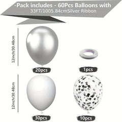 60 Matte Silver & Confetti Balloons 12" Birthday Wedding