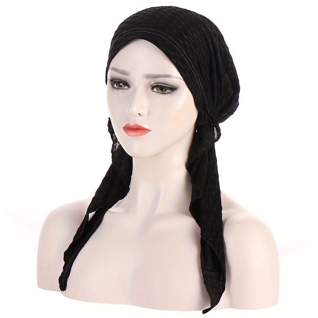 Solid Embossed Turban Cap Elastic Headscarf Women Ramadan Hijab Bandana