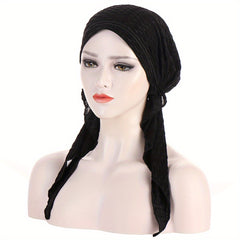 Solid Embossed Turban Cap Elastic Headscarf Women Ramadan Hijab Bandana