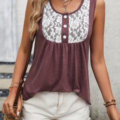 Lace Pleated Crew Neck Tank Top Sleeveless Casual Summer Top