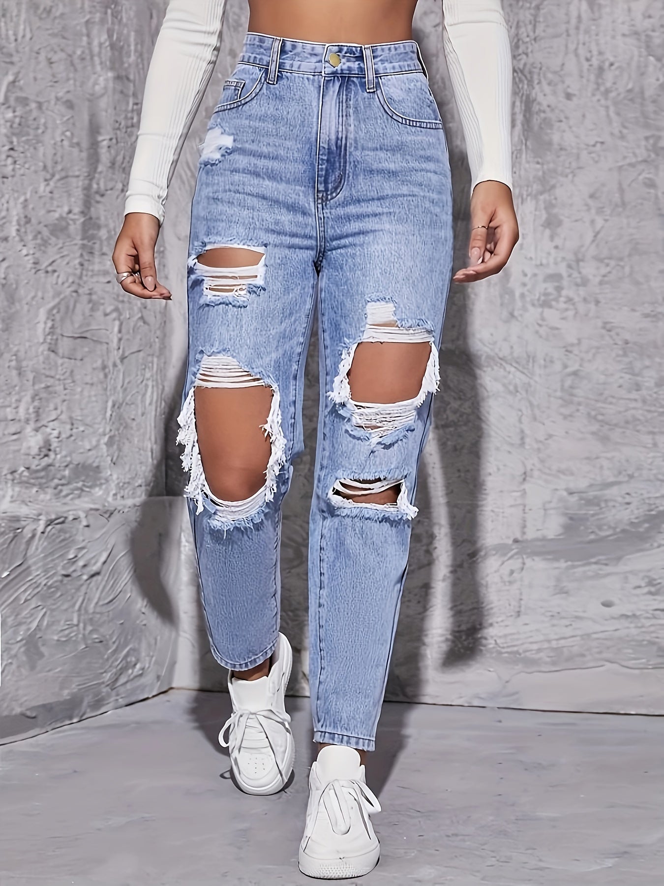 High Waist Distressed Denim Pants Women's Jeans
