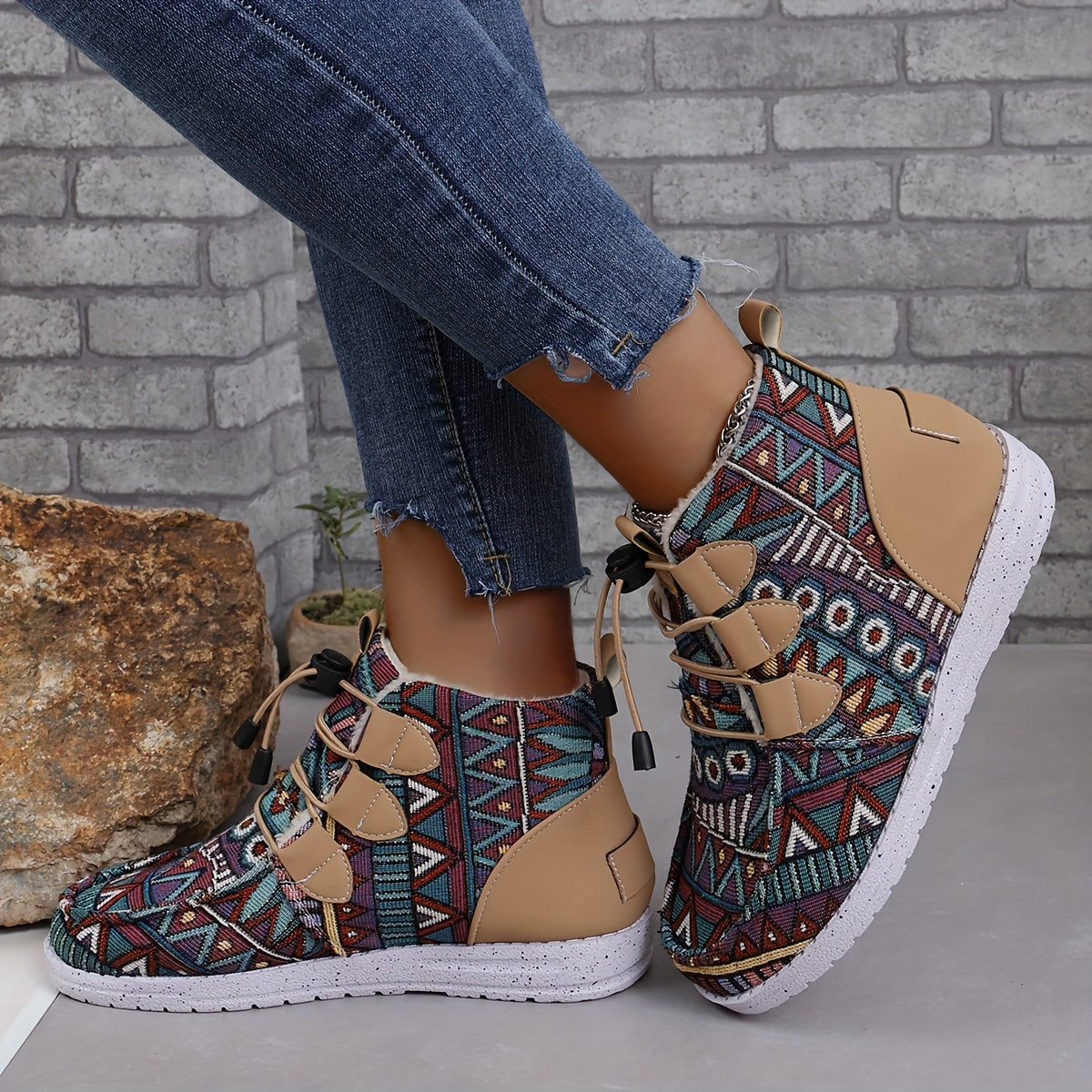Retro Floral Pattern Round Toe Thickened Warm Autumn And Winter Boots