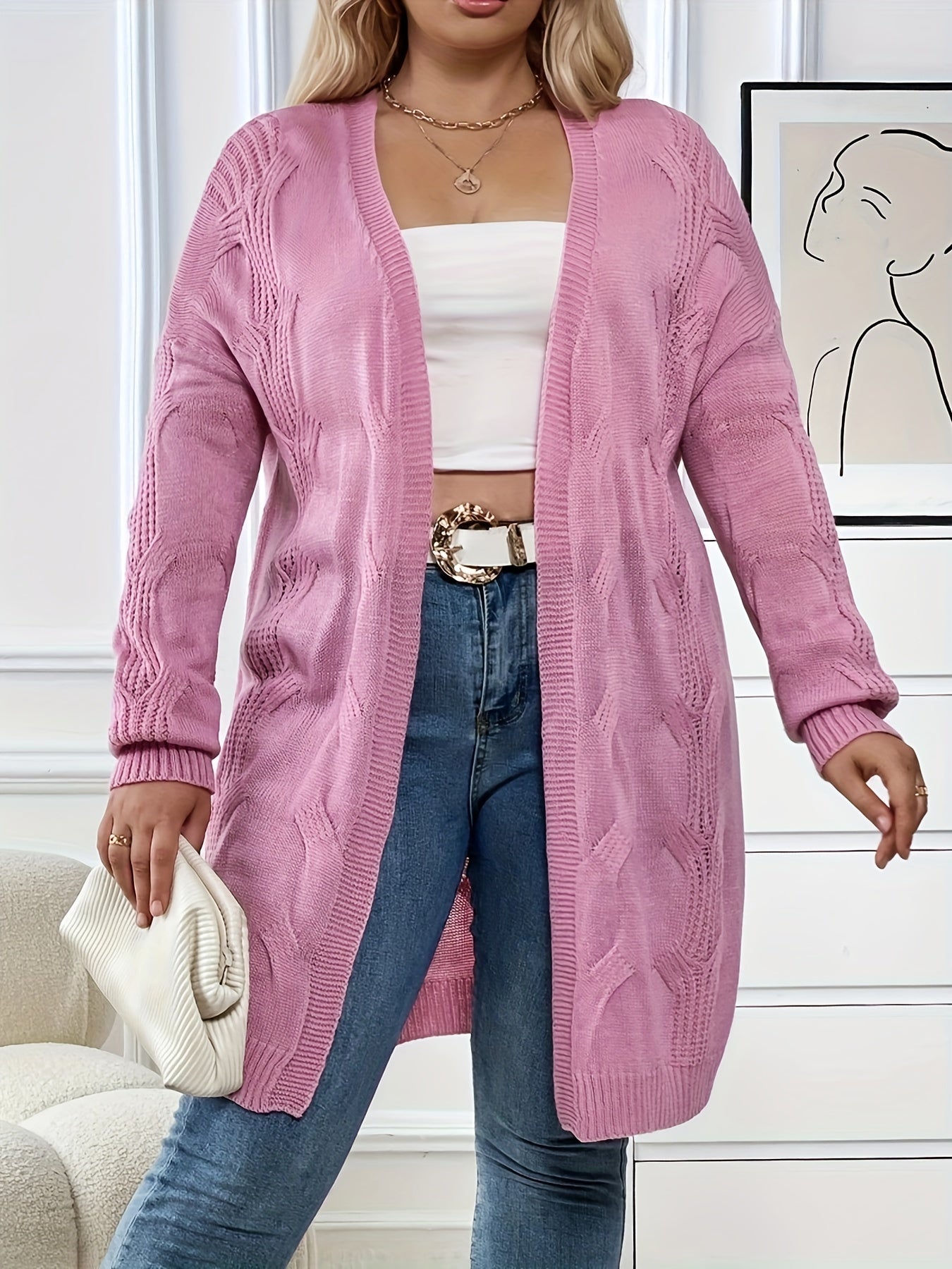  Casual Cardigan Women's Plus Solid Jacquard Long Sleeve Open Front