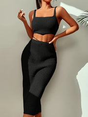 Knitted Two piece Set Spaghetti Crop Top & High Waist Split Skirts