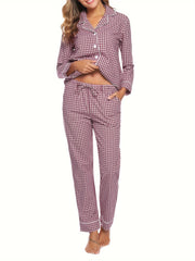 Plaid Print Lounge Set Long Sleeve Buttons Top & Elastic Waistband Pants