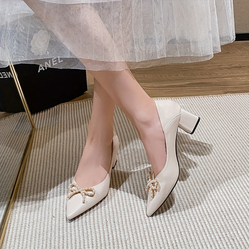 Women's Mid Heel Pearl Bow Slip-On Pumps Work Heels